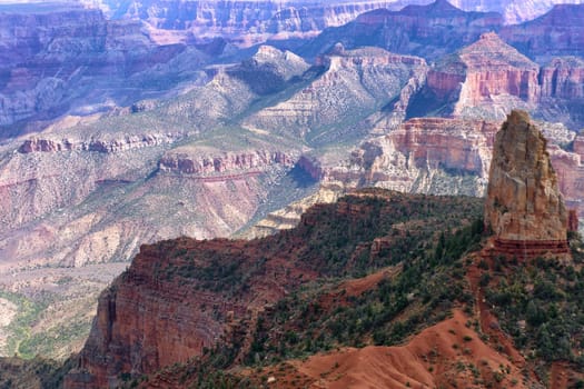 Rock formation sticking up in the Grand Canyon viewed from the North Rim