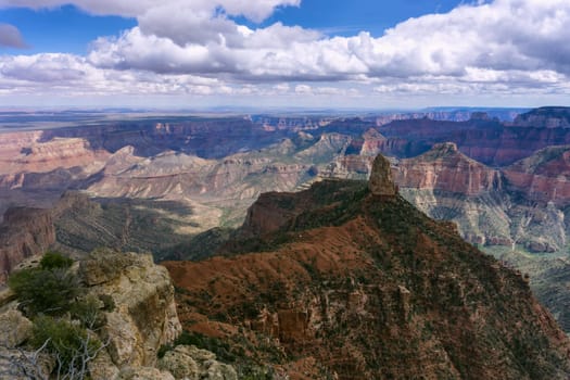 Rock formation and wide angle landscape of the Grand Canyon in Arizona