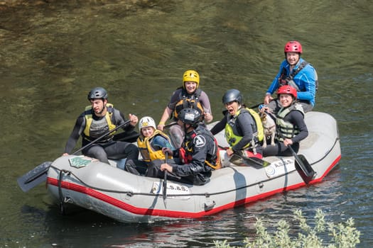 AROUCA, PORTUGAL - APRIL 23: Support raft boat at Paivafest on april 23, 2017 in Arouca, Portugal.