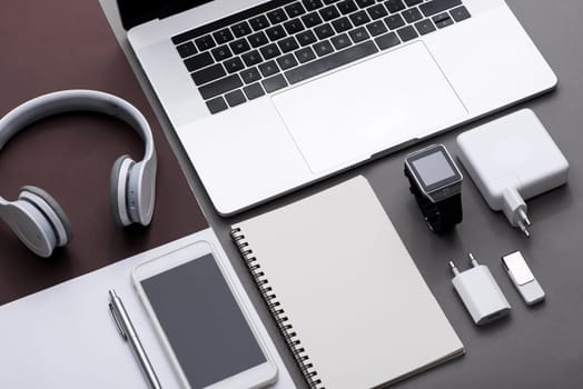 Set of black and white of office supplies and business gadgets.