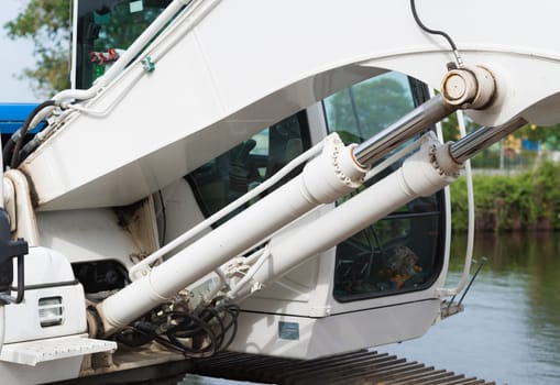 closeup of a pair of hydraulic cylinders of an excavator