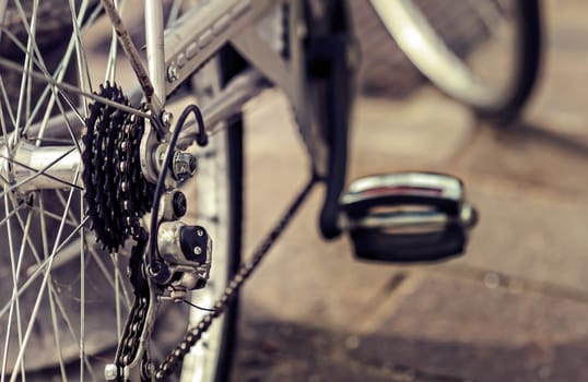 Bicycle. Selective focus on chain and transmission. Rear gear  and bike chain.