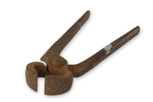 Old rusted pliers exposed on white background