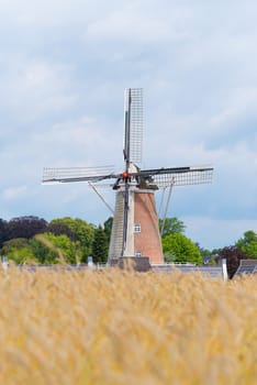 agricultural landscape with a windmill and wheat field in front