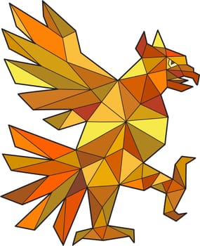 Low polygon style illustration of a glifo from the azteca's culture of a Cuauhtli showing an eagle in a fighting stance viewed from the side set on isolated white background.