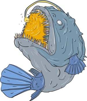 Drawing sketch style illustration of an Anglerfish of teleost order Lophiiformes that are bony fish named for their characteristic mode of predation, which a fleshy growth from fish's head (the esca or illicium) acts as a lure, swooping up viewed from the side set on isolated white background.