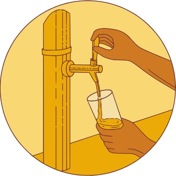 Drawing sketch style illustration of a hand holding glass pouring beer from tap set inside circle viewed from front.