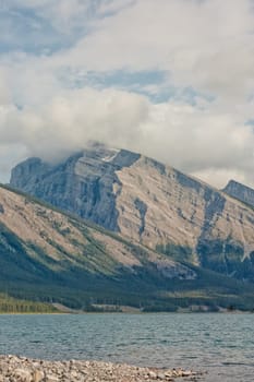 Portrait Landscape of Spray Lake with mountain in the background, Kananaskis, Alberta.