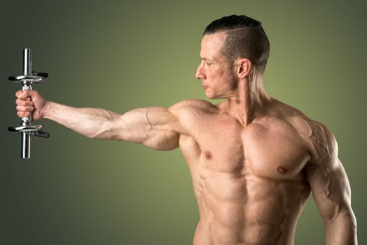man with powerful biceps using dumbbell