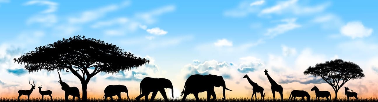 Silhouettes of wild animals of the African savannah. Wild Animals of Africa against the sky and the sun.