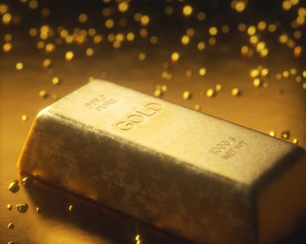 Gold bar 1000 grams, in the middle of gold nuggets. Gold exploration and mining concept.