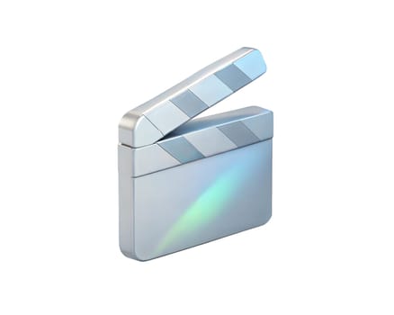 A modern holographic 3D icon of a film clapper, isolated on white background, symbolizing filmmaking, production, video, and movie industry in a sleek digital design