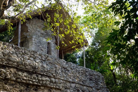 Closeup view of the Temple of the Paintings in the Mayan ruins of Coba, Mexico
