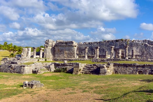 Columns of Mayan ruins in Tulum, Mexico