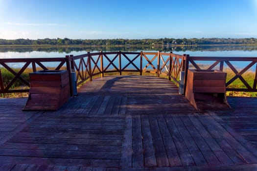 Boardwalk and view of Coba Lake in Coba, Mexico