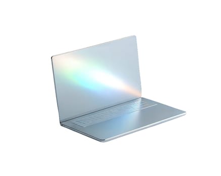 A sleek holographic 3D laptop with a futuristic reflective surface, isolated on white background. Perfect for representing modern technology, digital devices, innovation, and digital workspace.