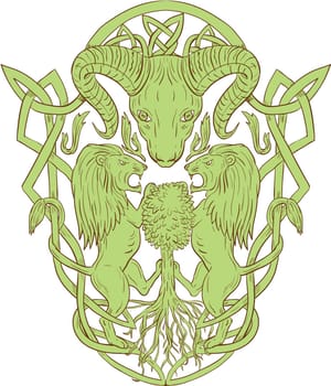 Illustration of stylized bighorn sheep head with two lion supporters climbing on tree with Celtic knot, called Icovellavna, plait work or knotwork woven into unbroken cord design set on isolated white background.