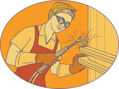 Mono line style illustration of a female welder welding using acetylene welding torch viewed from front set inside oval shape.