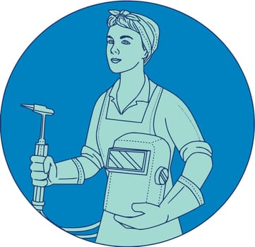 Mono line style illustration of a female welder holding acetylene welding torch and visor viewed from front set inside circle.