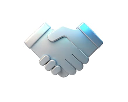 A sleek, modern 3D holographic handshake icon, isolated on white background, symbolizing partnership, collaboration, and trust in a minimalist design.