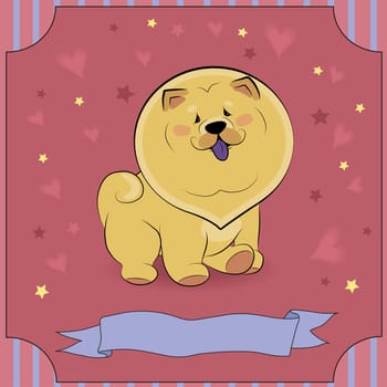 Happy Yellow Dog Chow. I am cute. Purple banner for custom text. Red background with stars and hearts. Illustration
