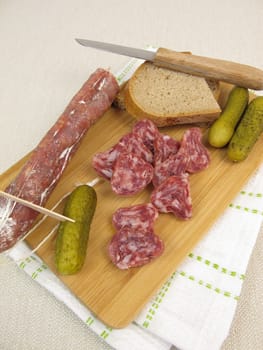Fuet salami with fine mold,pickles and bread