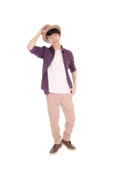 A happy Korean teenager standing in an checkered shirt holding.a hat on his head, isolated for white background..
