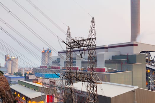 Hong Kong power station at sunset , Glow light of petrochemical industry