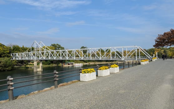 View of Tsukimi bridge connecting Okayama Castle and Korakuen in Okayama, Japan