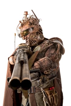 Futuristic soldier posing with gun and armor isolated in white