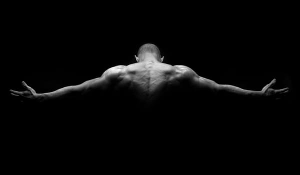 Muscular man's back in a dark background