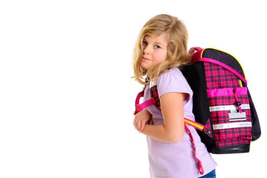 blond girl with schoolbag in front of white background