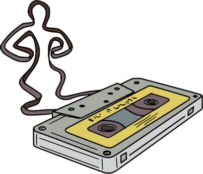 Mono line style illustration of a Compact Cassette or Musicassette, also commonly called cassette tape, audio cassette, or simply tape or cassette,with analog magnetic tape in the form and shape of a man dancing.