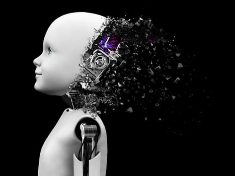 3D rendering of the head of a child robot. The head is breaking apart like it's exploding. Black background.