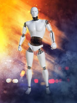 3D rendering of male robot standing surrounded by fire and smoke.