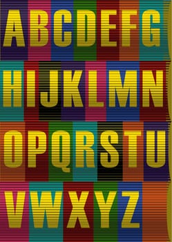 Unusual Yellow Striped Alphabet. Striped Yellow font. Illustration.