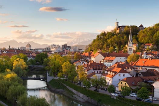 Cityscape of the Slovenian capital Ljubljana at sunset.
