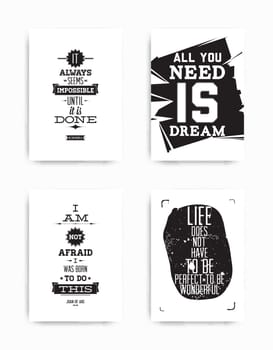 A set of four motivational posters with popular quotes black and white colors