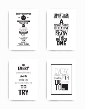 A set of four motivational posters with popular quotes black and white colors