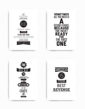 A set of four motivational posters with popular quotes black and white colors