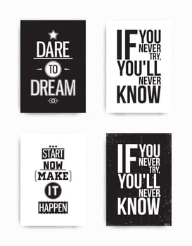 A set of four motivational posters with popular quotes black and white colors