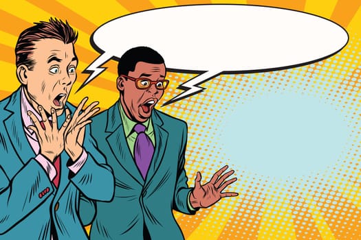 two businessmen shocked, multi-ethnic group. Pop art retro vector illustration