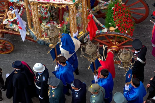 Cagliari, Italy - May 1, 2017: religious procession of Sat'Efisio - Sardinia - Parade of sardinian traditional costumes. Pilgrims from above.