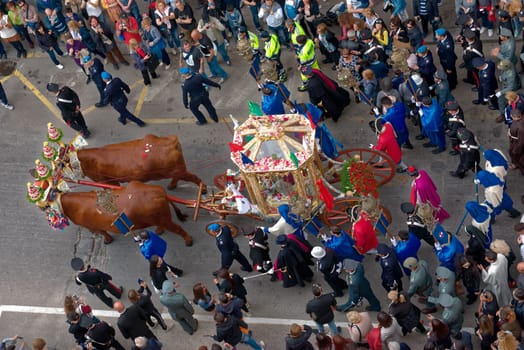 Cagliari, Italy - May 1, 2017: religious procession of Sat'Efisio - Sardinia - Parade of sardinian traditional costumes. Pilgrims from above.