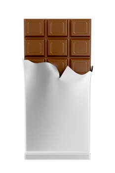 Milk chocolate bar in silver foil isolated on white background