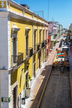 CAMPECHE, MEXICO - FEBRUARY 23: Pedestrian street with outdoor restaurant seating in Campeche, Mexico on February 23, 2017