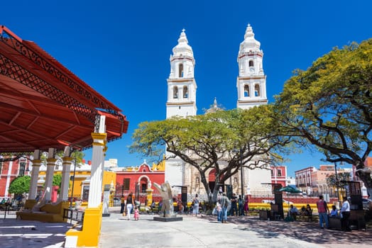 CAMPECHE, MEXICO - FEBRUARY 23: View of the plaza and cathedral in the center of Campeche, Mexico on February 23, 2017