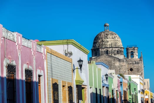 Colorful colonial street in Campeche, Mexico with the Ex Temple of San Jose