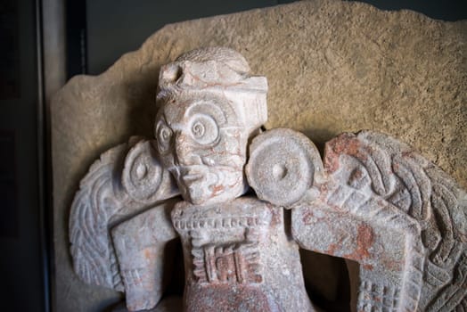 Ancient historic Mayan statue in Campeche, Mexico