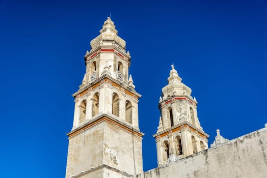 Spires of the cathedral in Campeche, Mexico